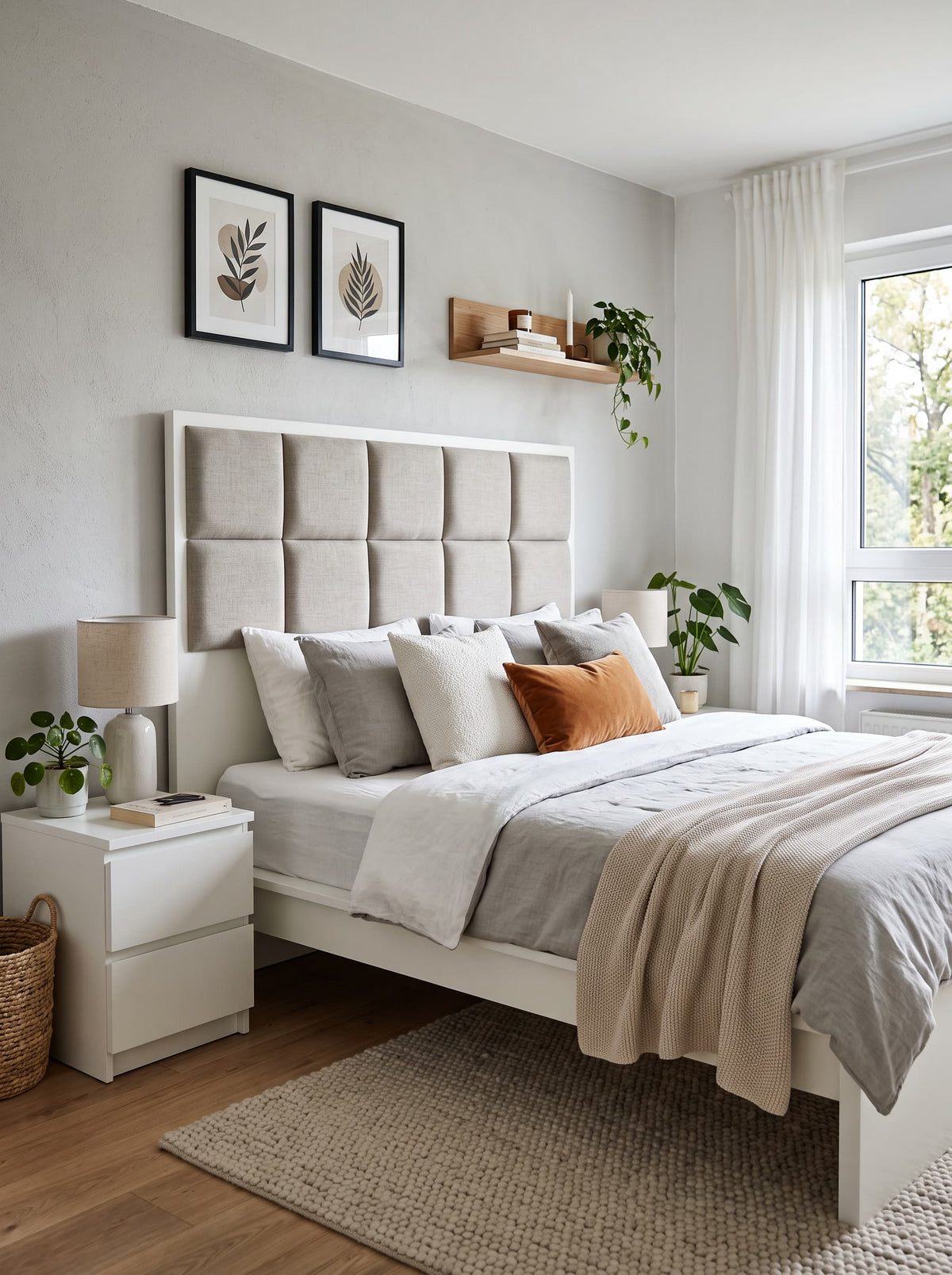Doppelbett in einem skandinavisch eingerichtetem Schlazimmer IKEA MALM Bett in weiß mit gepolstertem Bett Kopfteil anhand vom Wandpolstern selbstklebend