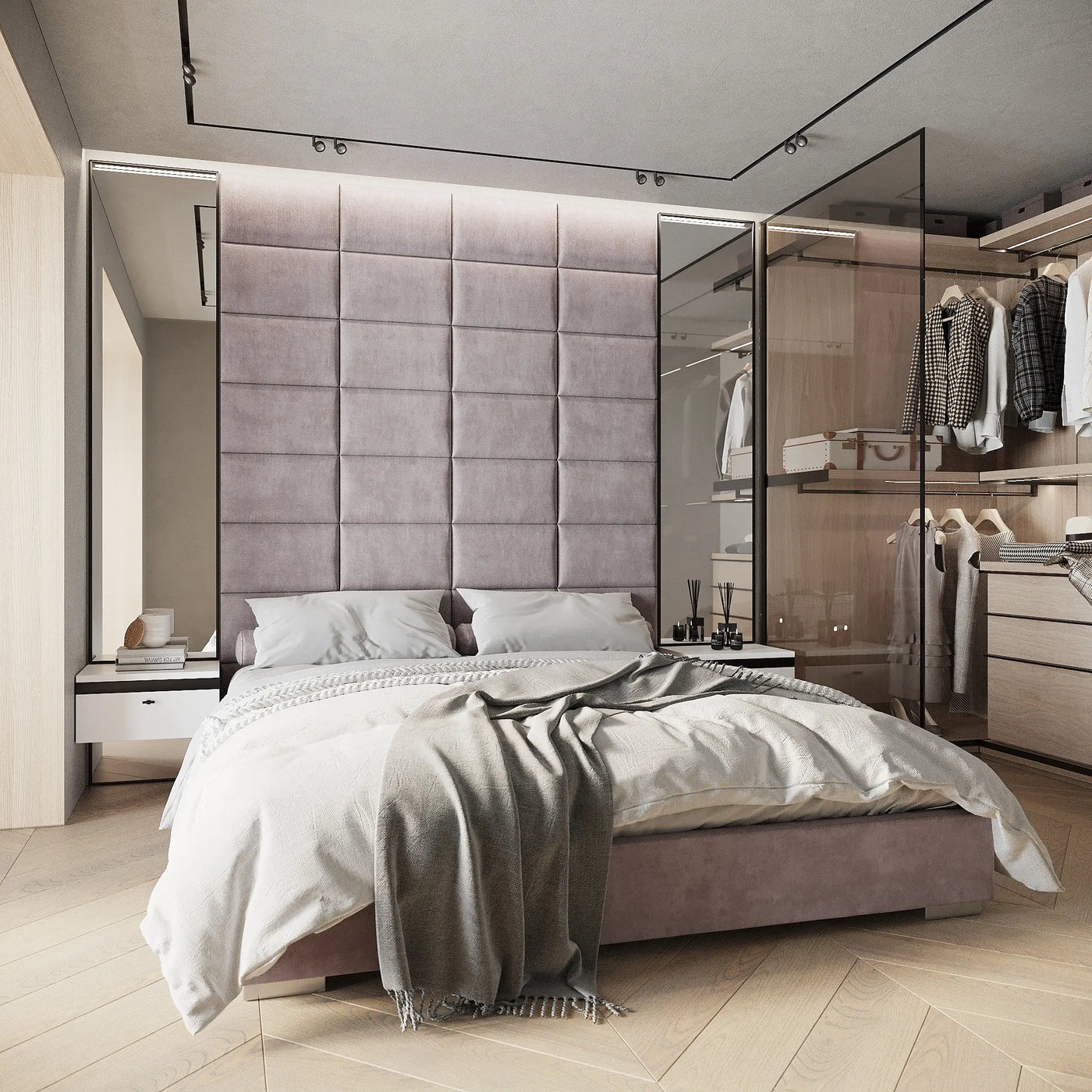 Rosa farbene Polsterpaneele als luxuriöses Kopfteil im modernen Schlafzimmer und hochwertige Wandpaneele aus Samt für stilvolle Raumgestaltung.