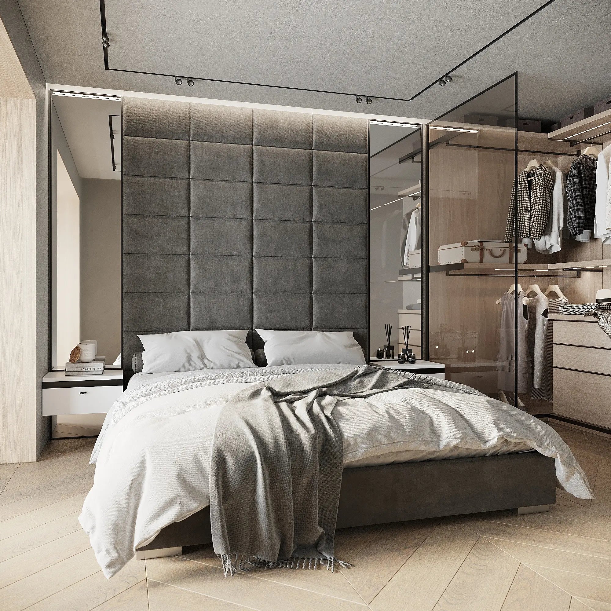 Graue Polsterpaneele als luxuriöses Kopfteil im modernen Schlafzimmer und hochwertige Wandpaneele aus Samt für stilvolle Raumgestaltung.
